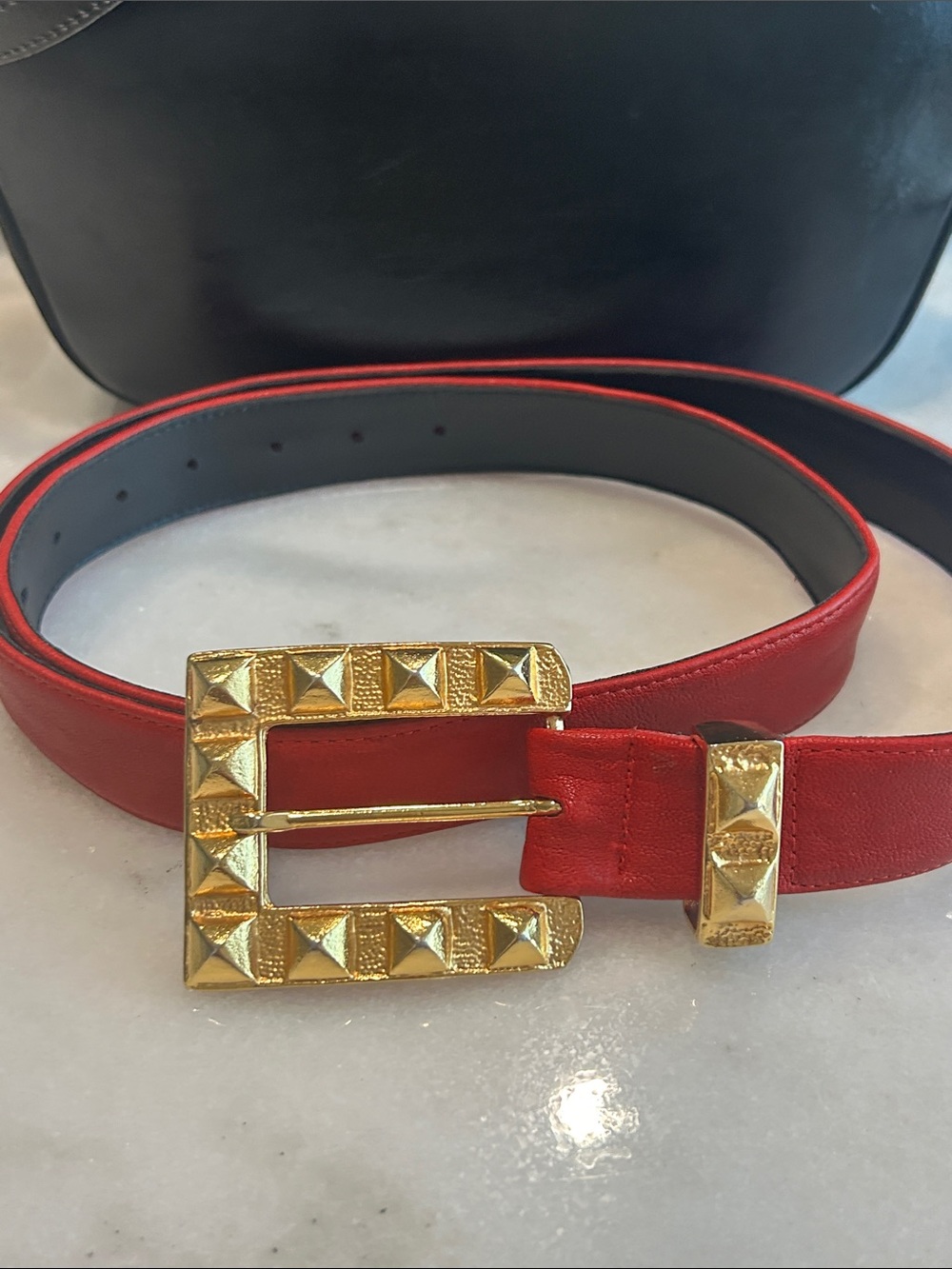 Red Leather Belt with Gold Pyramid-Studded Buckle made in USA